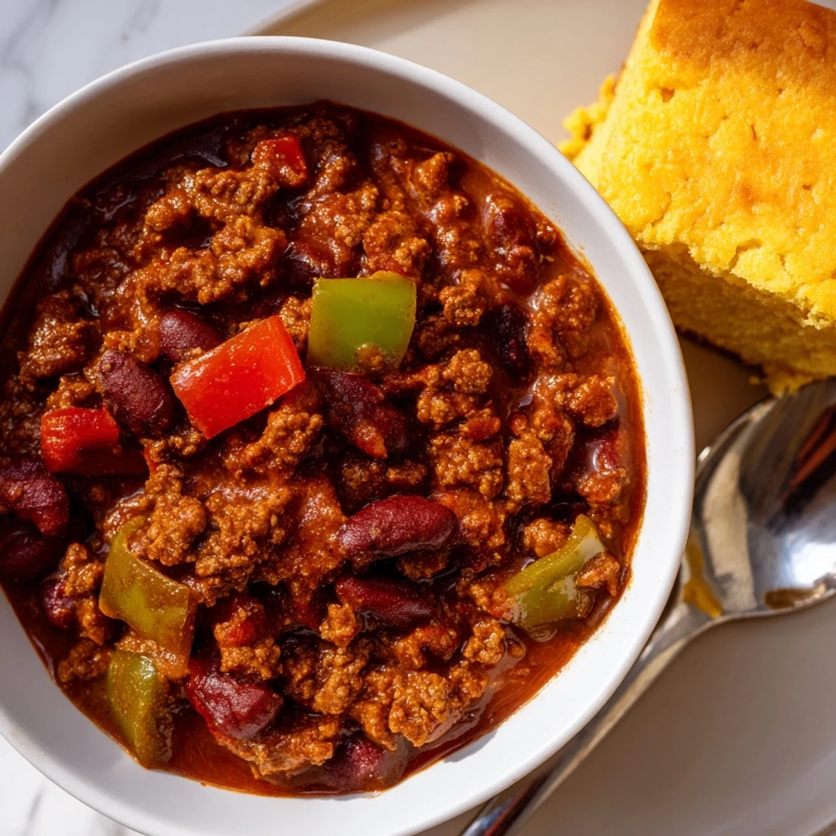 Hearty Game Day Beef Chili simmering in a pot alongside a pan of freshly baked cheddar cornbread.  