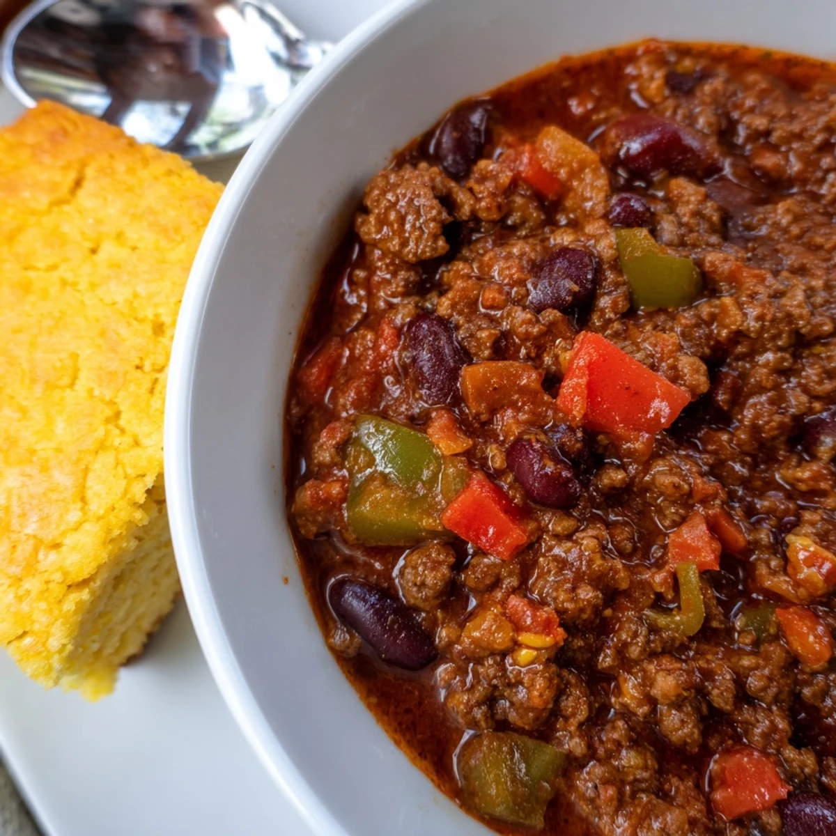 A steaming bowl of Game Day Beef Chili paired with a golden, cheesy slice of cornbread, ready for serving.  