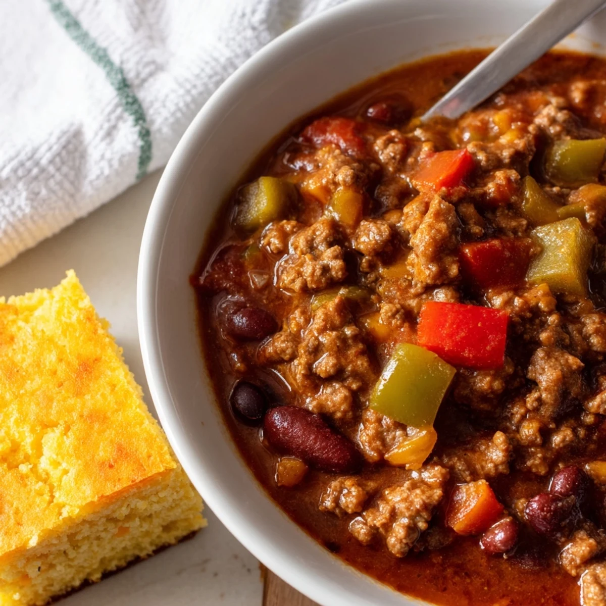 Game Day Beef Chili with a generous scoop topped with sour cream, next to a warm cornbread square.
