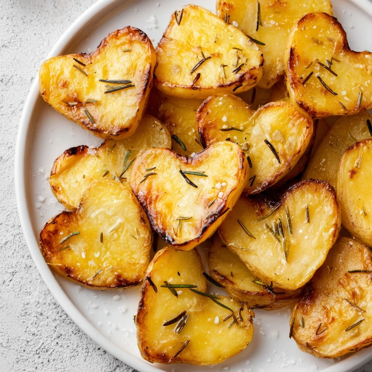 Crispy roasted heart shaped potatoes with rosemary garnish, golden edges, and fluffy centers on a white platter.