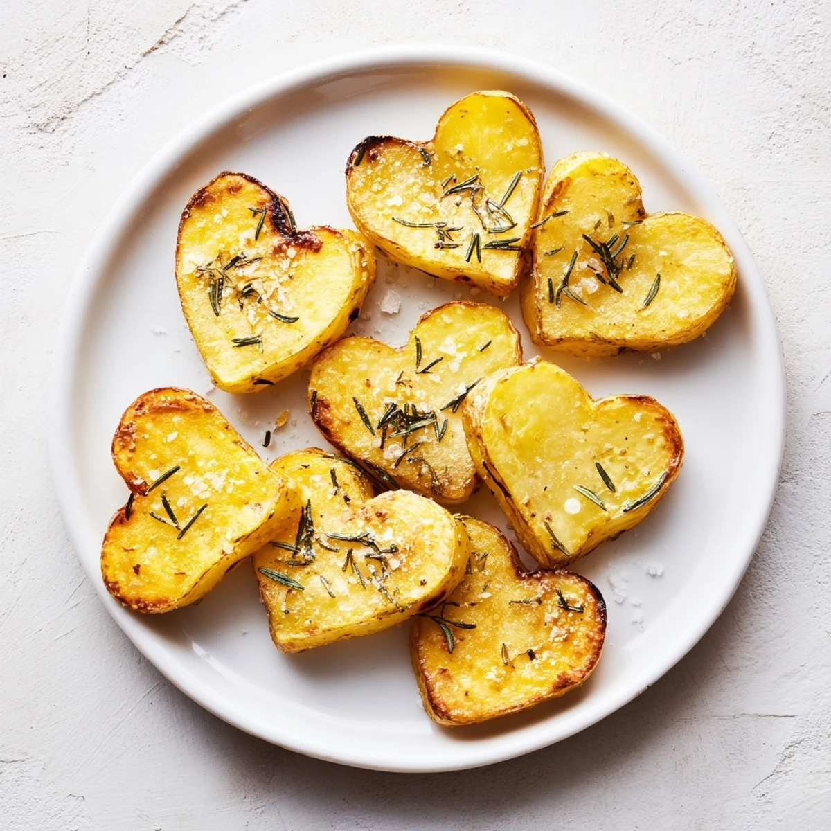 Golden roasted heart shaped potatoes with rosemary, garnished with fresh parsley on a rustic serving board.