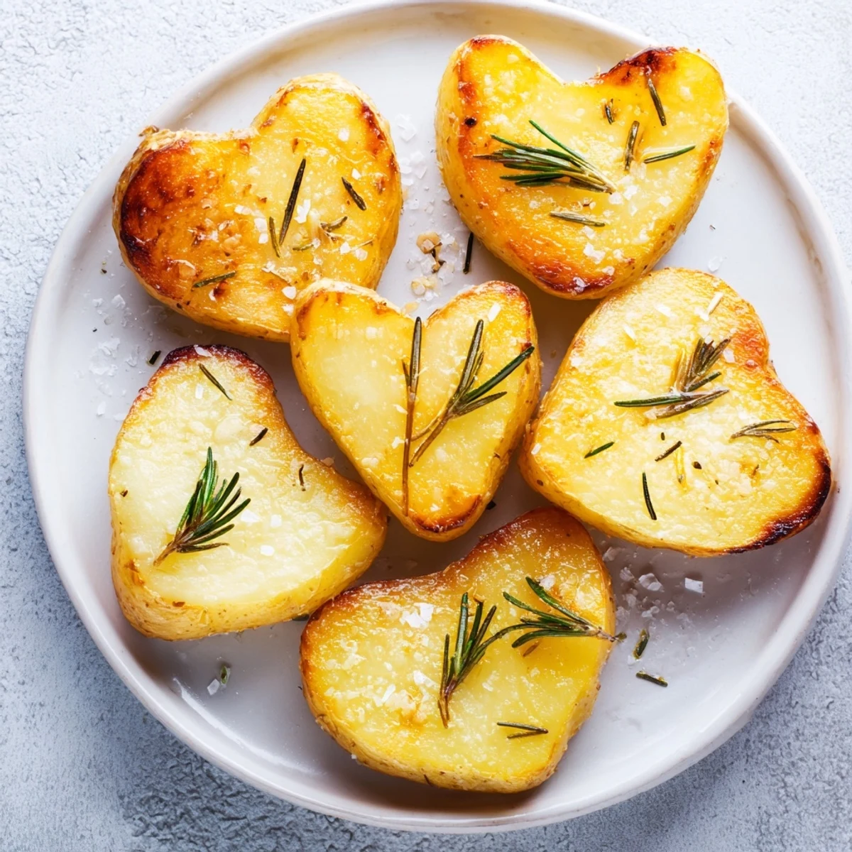 Heart shaped potatoes roasted with rosemary, served hot as a festive side dish for special dinners.