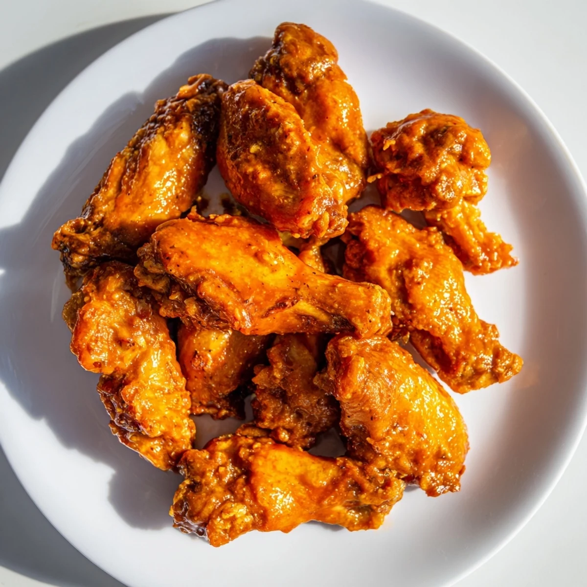 Crispy Air Fryer Chicken Wings tossed in tangy Buffalo sauce, arranged on a plate ready for game day snacking.