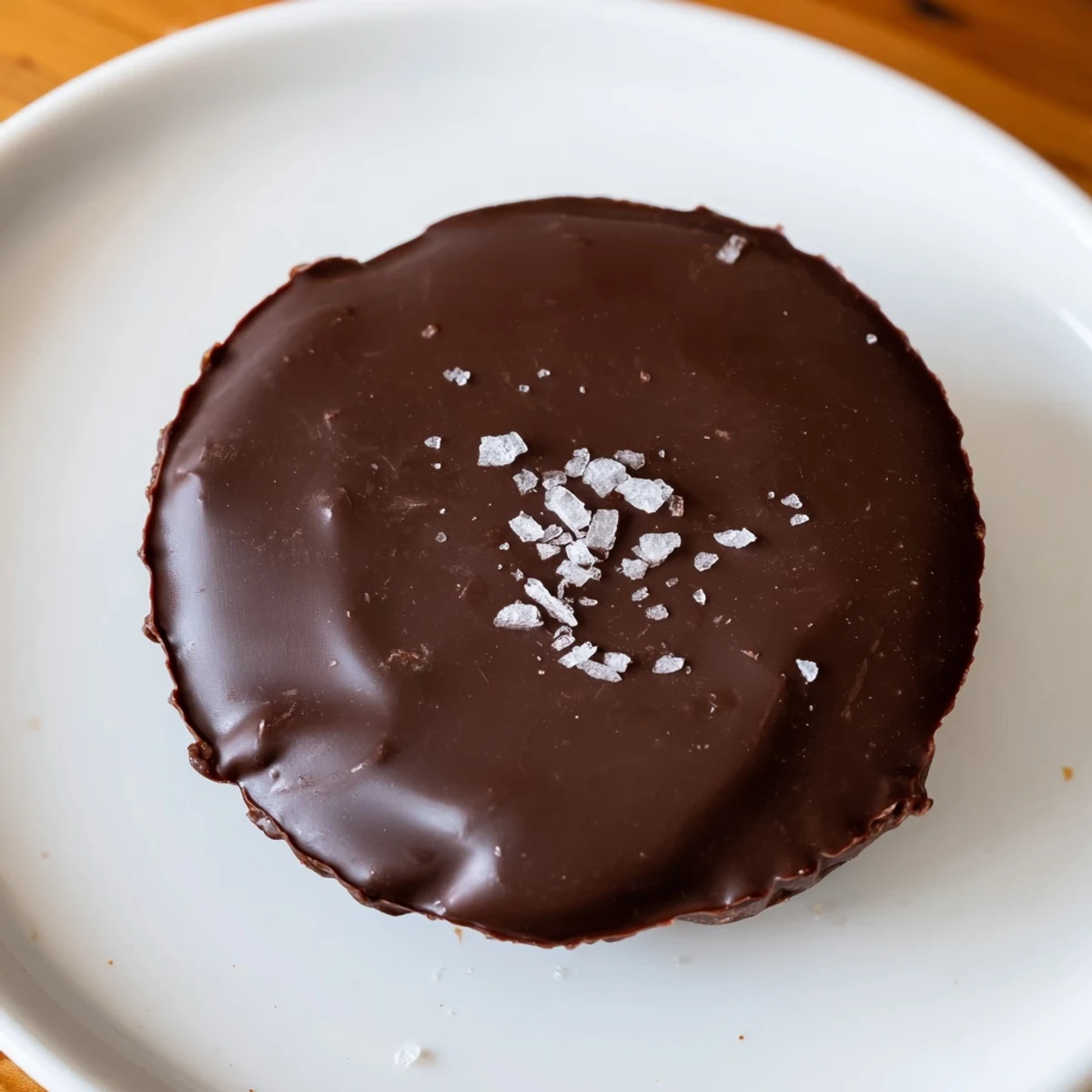 Paper liners cradle glossy chocolate cups topped with flaky sea salt, ready for a sweet snack.