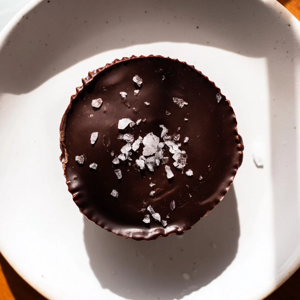 Homemade Chocolate Peanut Butter Cups stacked on a plate, showing layered chocolate and peanut butter texture.