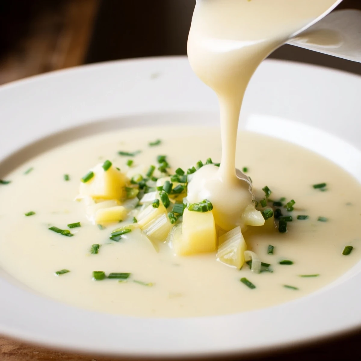 Creamy Potato and Leek Soup steaming in a rustic bowl, garnished with fresh chives, served with warm crusty bread on the side.