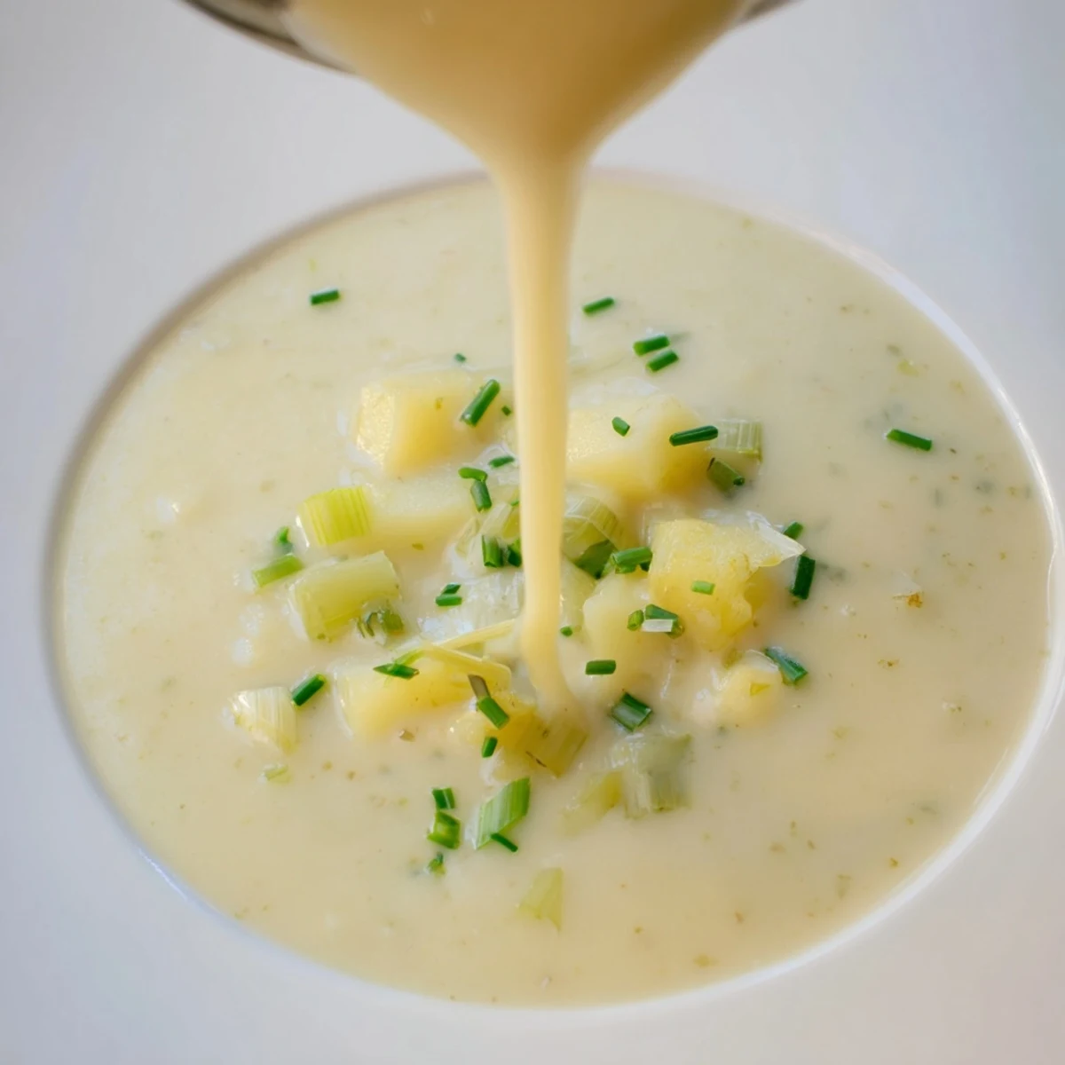 A bowl of Creamy Potato and Leek Soup topped with chives, its velvety texture and golden hue glowing in cozy lighting.