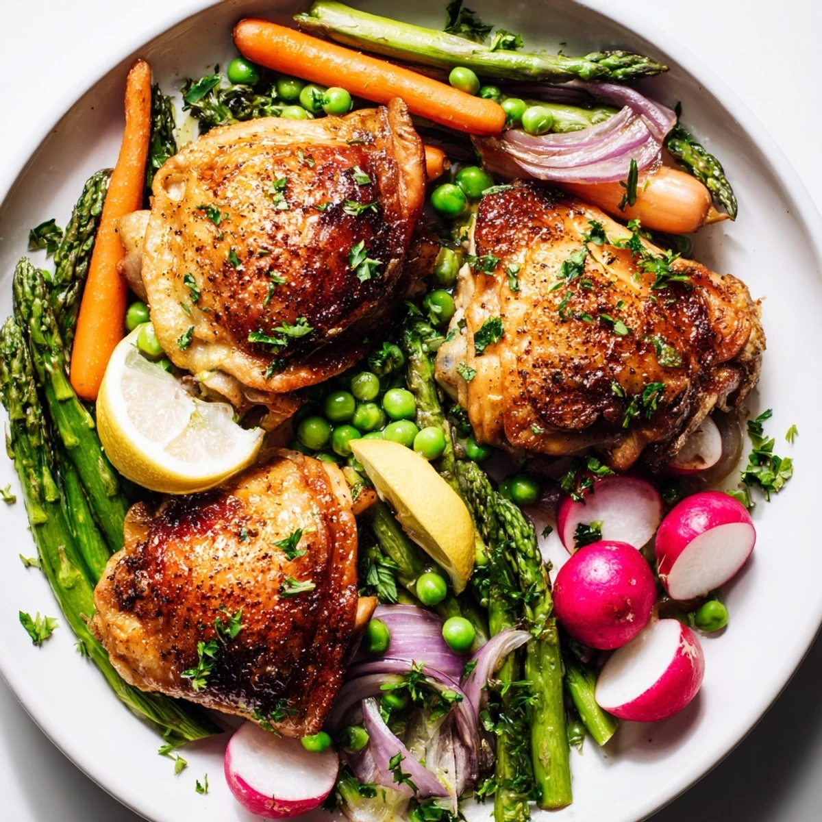 Golden, crispy-skinned Roasted Chicken with Spring Veggies arranged on a rustic sheet pan with lemon slices.