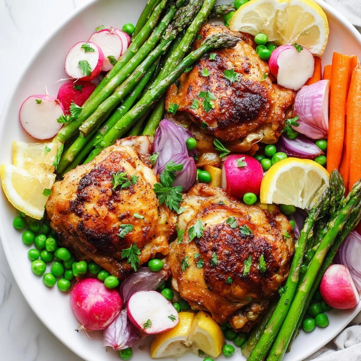Tender Roasted Chicken with Spring Veggies served on a white plate with fresh parsley garnish.