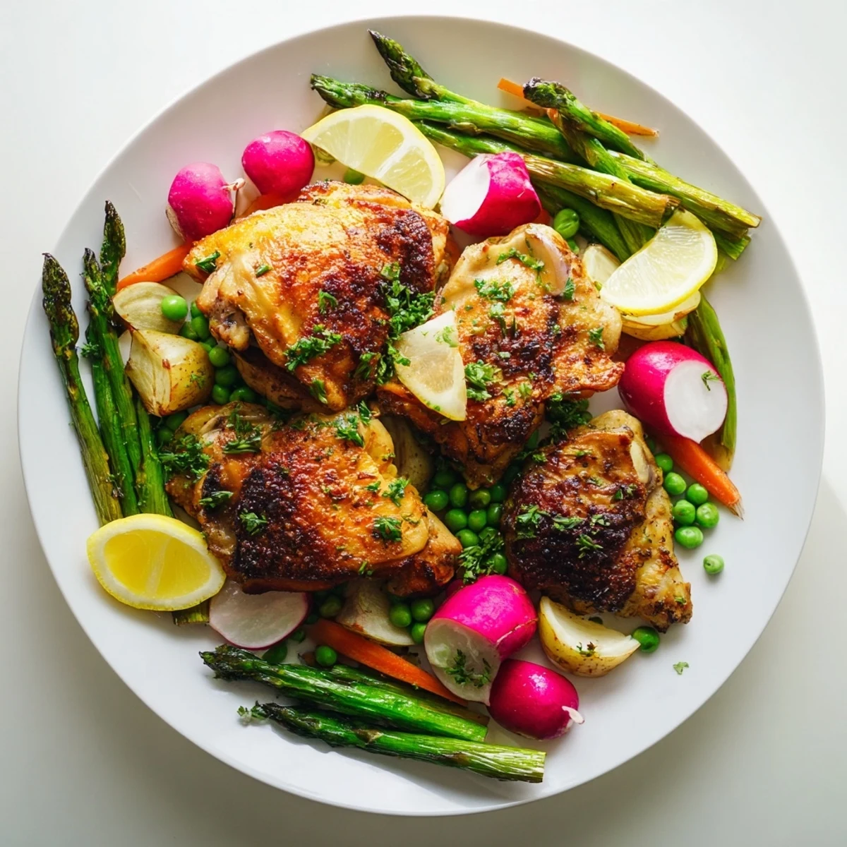 Savory Roasted Chicken with Spring Veggies plated alongside a glass of white wine and crusty bread.
