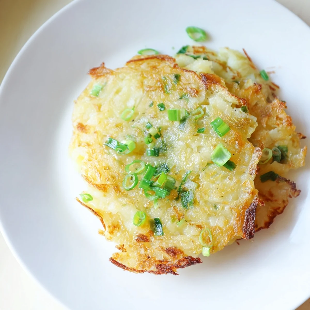 A rustic stack of Irish Potato Cakes with Scallions served alongside poached eggs and smoked salmon.