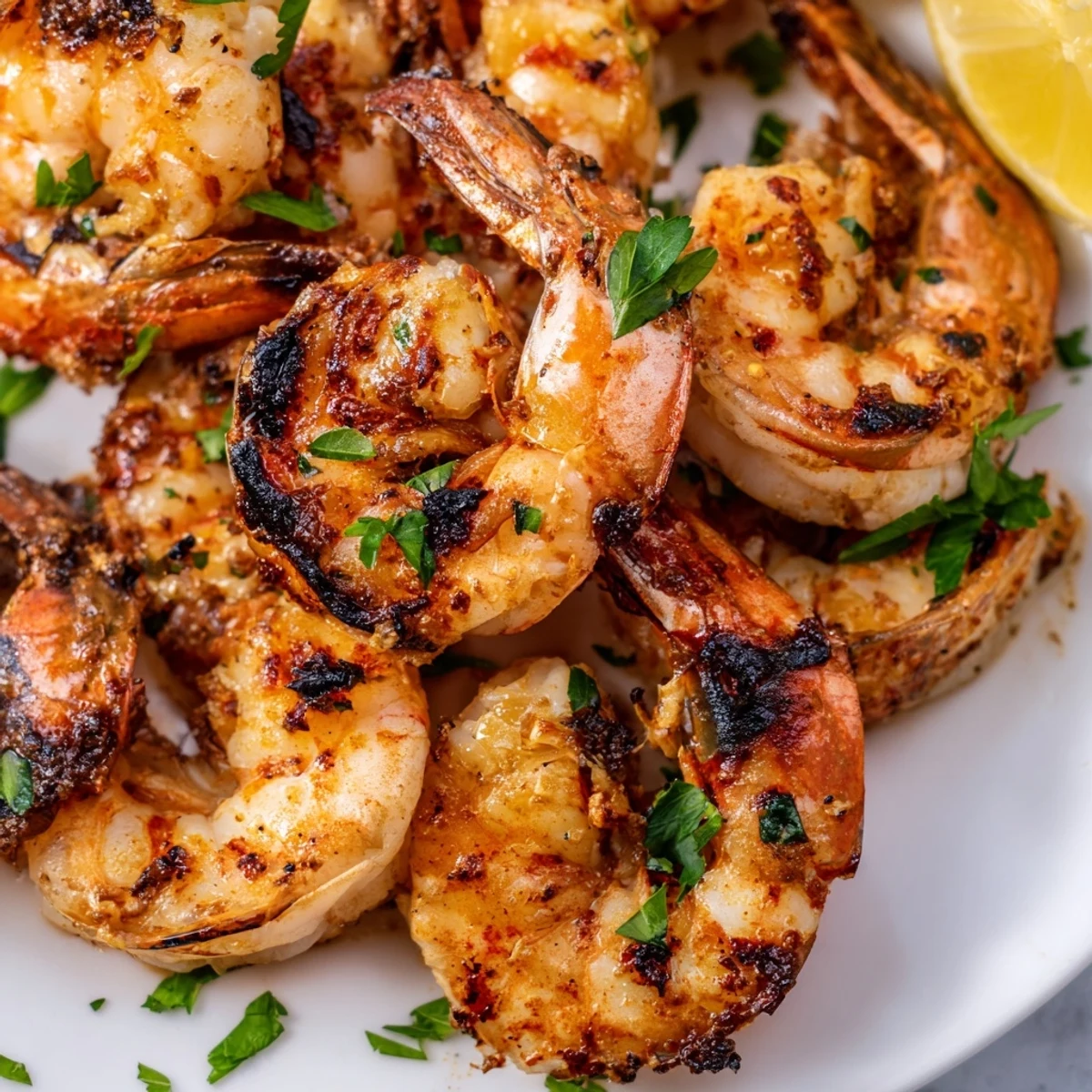 Juicy Cajun Spiced Grilled Shrimp skewers, lightly charred and garnished with fresh parsley and lemon wedges.