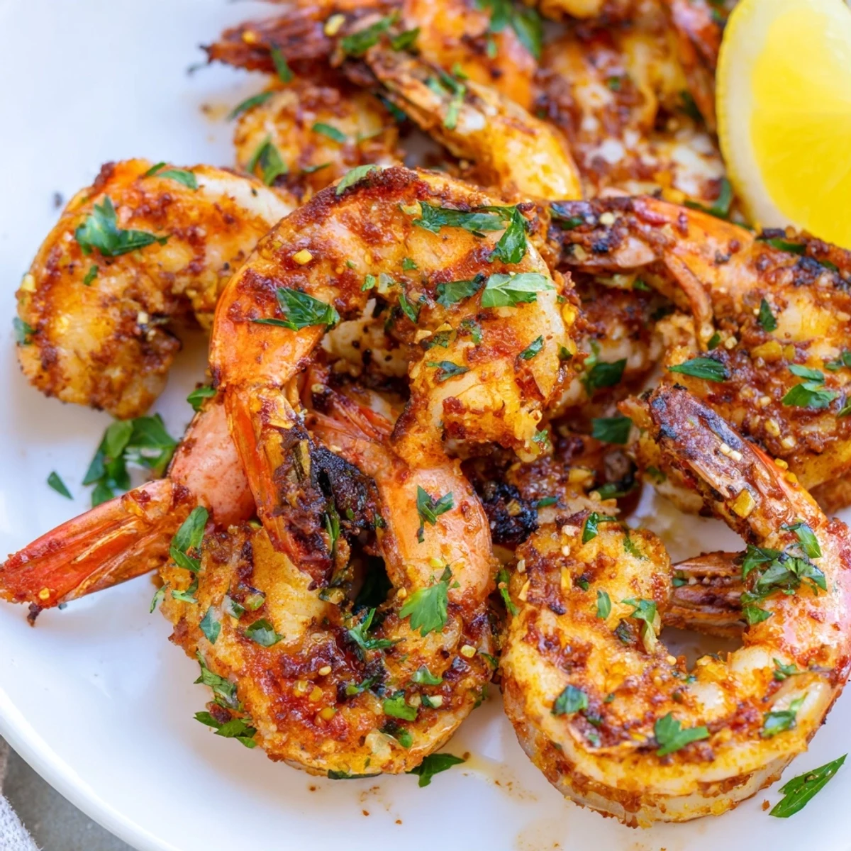 A close-up of Cajun Spiced Grilled Shrimp on a platter, showcasing bold red spices and smoky grill marks.