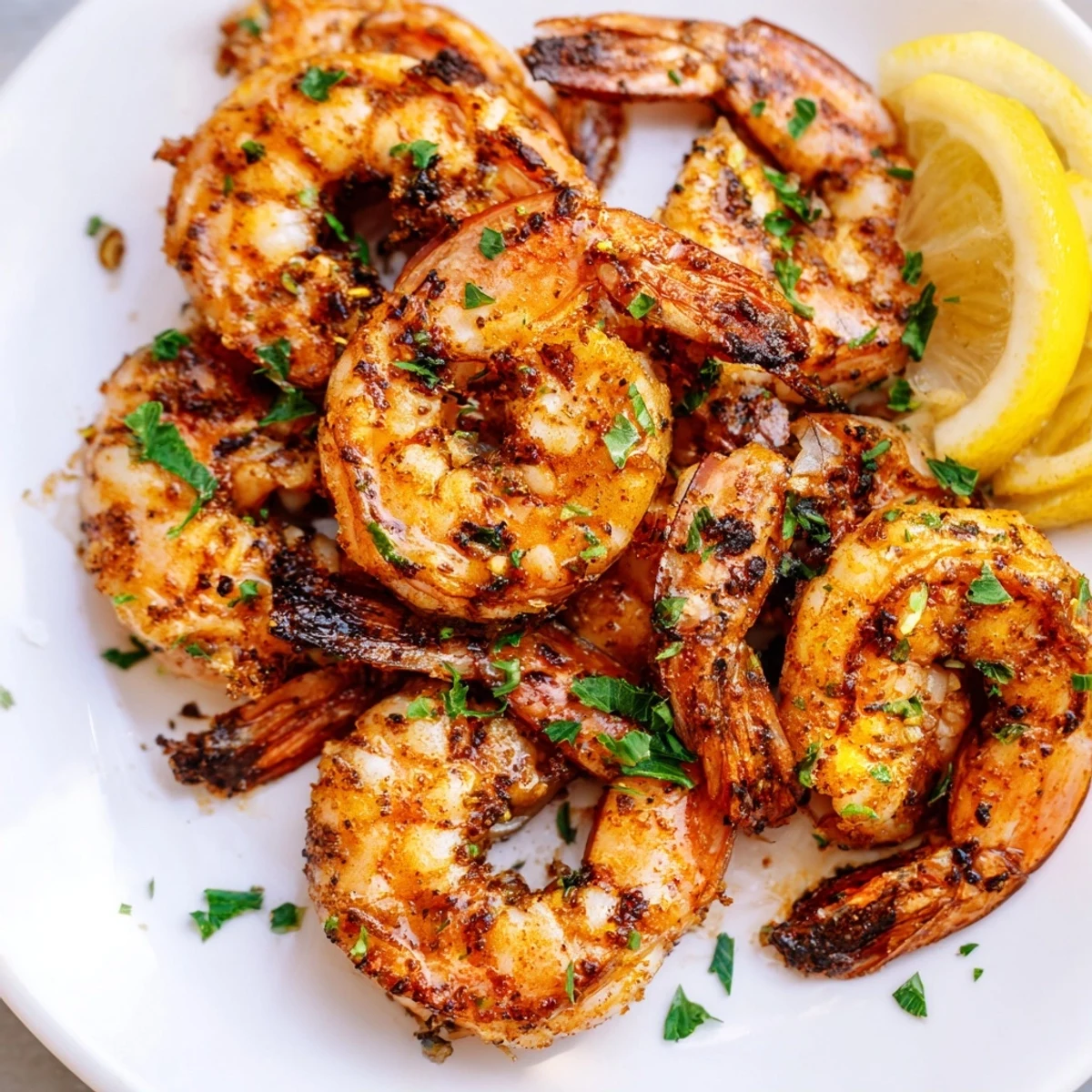 Succulent Cajun Spiced Grilled Shrimp served over fluffy white rice with grilled asparagus and a lemon wedge.