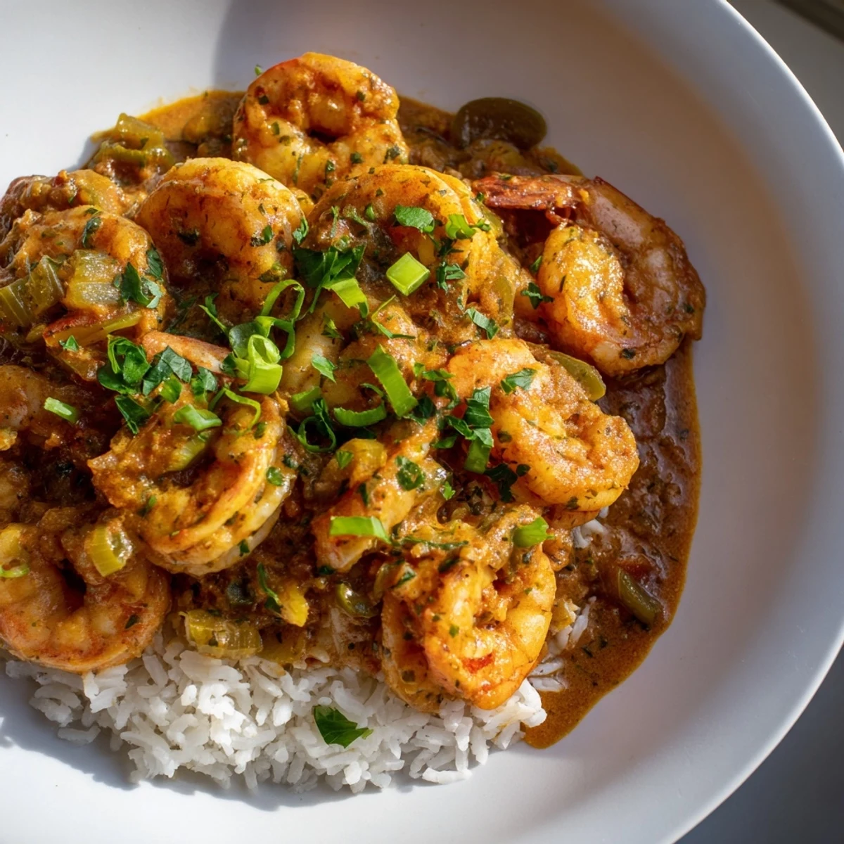 Mardi Gras Shrimp Étouffée simmered in a rich roux, served over fluffy white rice with fresh parsley garnish.