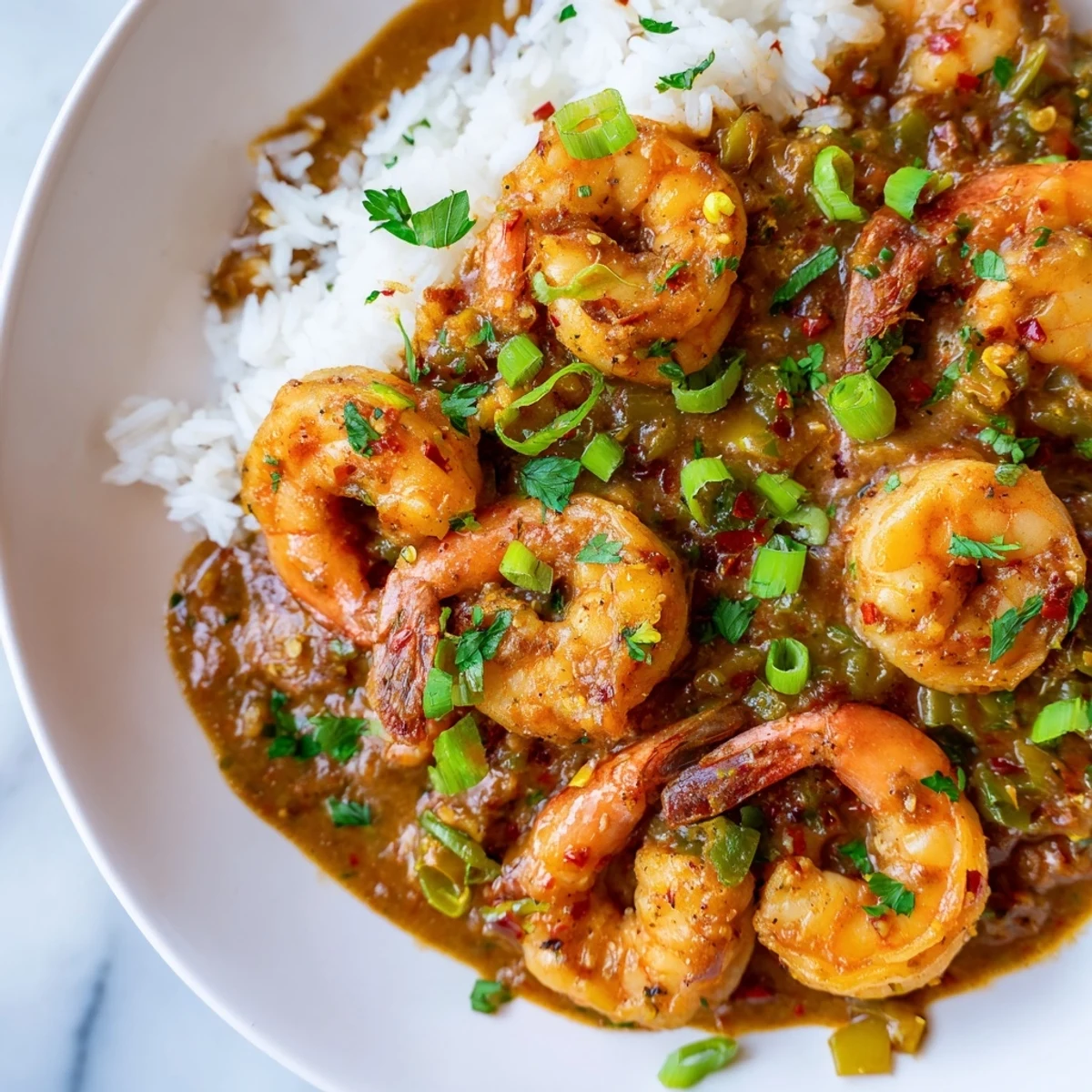 Savory Mardi Gras Shrimp Étouffée with tender shrimp in a spicy, tomato-rich sauce, ready to serve over white rice.