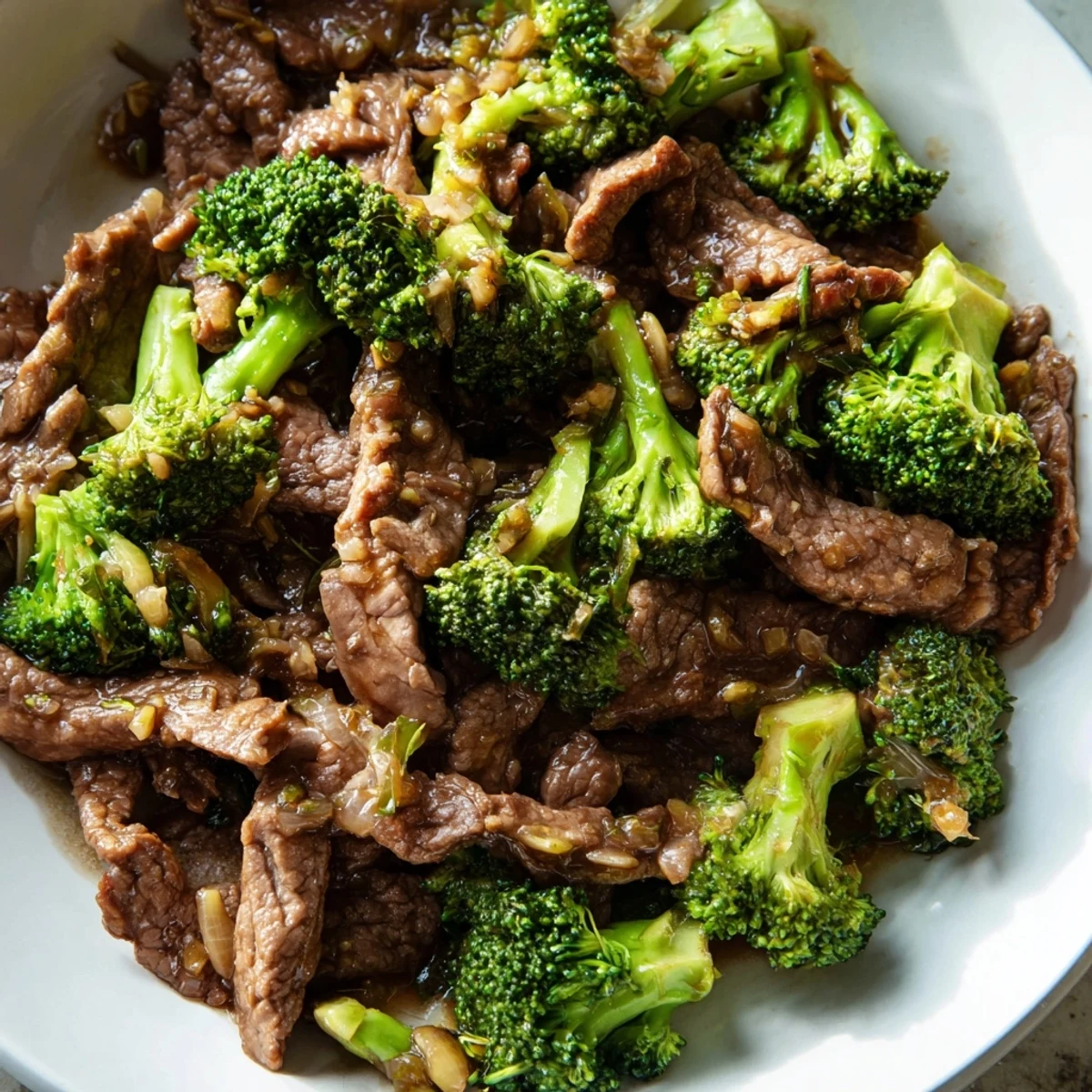 Golden-brown beef strips and vibrant green broccoli florets are coated in a glossy, savory soy sauce glaze, served over fluffy white rice in a ceramic bowl.
