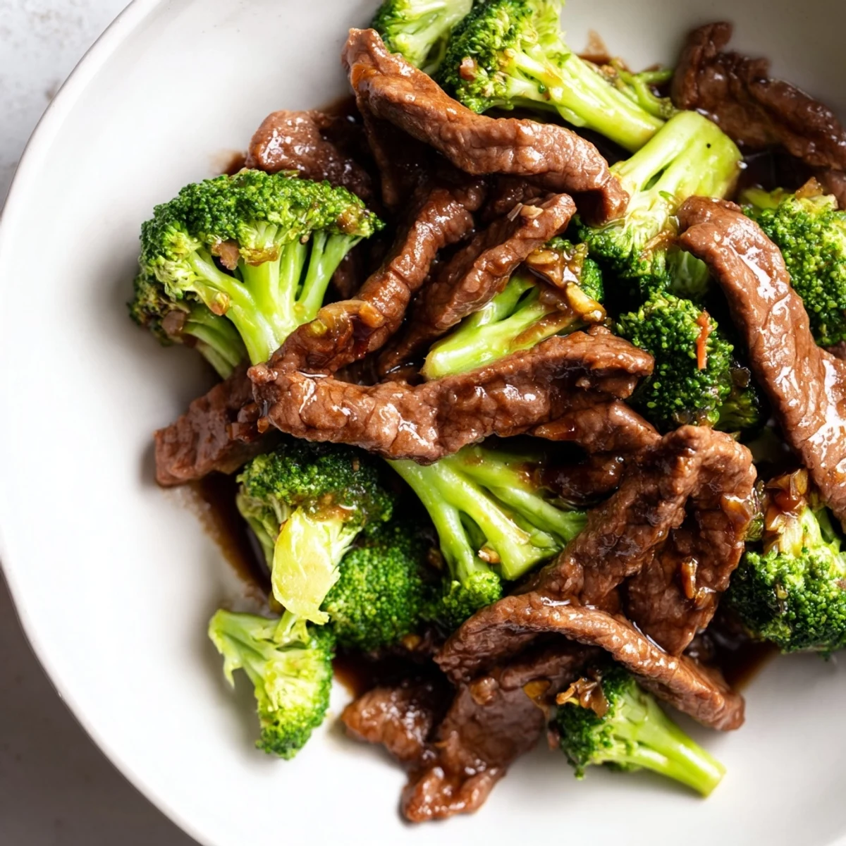 Close-up of a fork lifting a juicy beef slice and broccoli floret from a plate of Beef and Broccoli with Soy Sauce, highlighting the glistening sauce.
