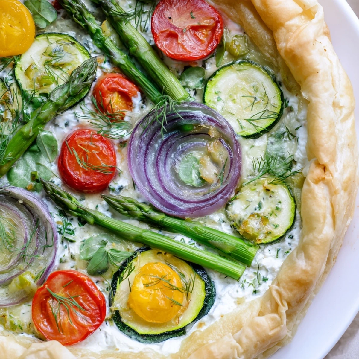 Golden-brown Spring Vegetable Tart with Puff Pastry topped with asparagus, cherry tomatoes, and zucchini.