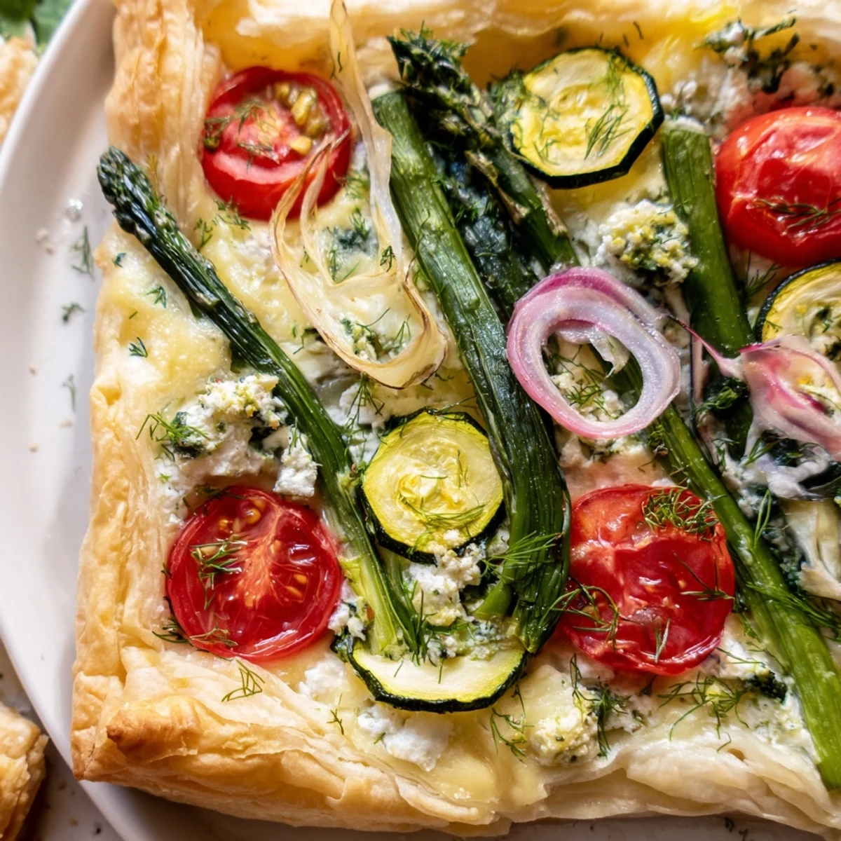 Fresh Spring Vegetable Tart with Puff Pastry served warm, showcasing vibrant red onions and herbs.