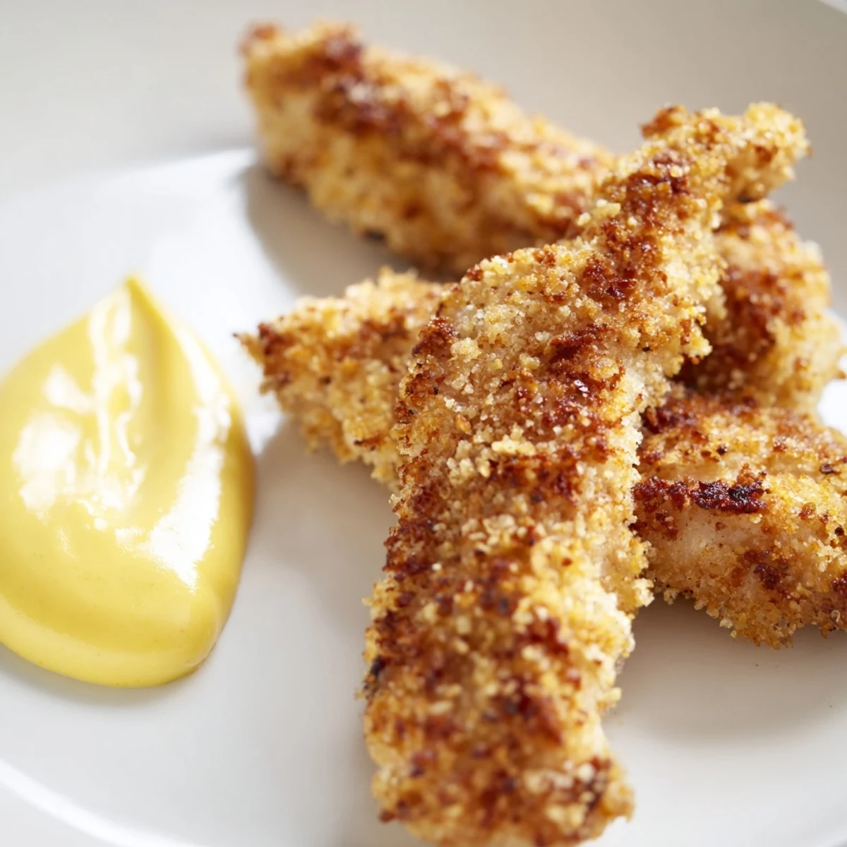Golden brown Crispy Baked Chicken Tenders with Honey Mustard on a plate, showing a crunchy panko crust and a small dipping bowl of sauce.