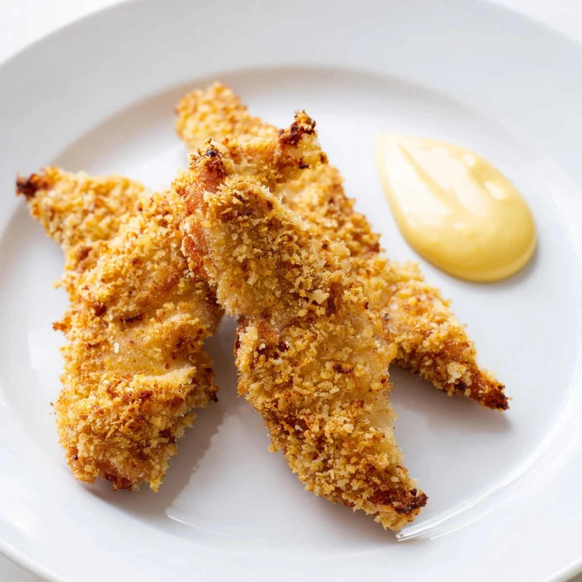 Tender strips of Crispy Baked Chicken Tenders with Honey Mustard arranged on a wire rack fresh from the oven, with steam rising.