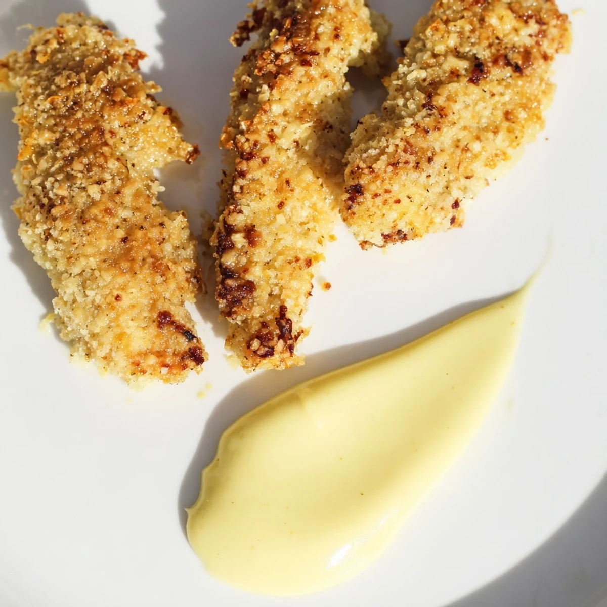 Serving suggestion for Crispy Baked Chicken Tenders with Honey Mustard paired with fresh salad and french fries on a rustic table.