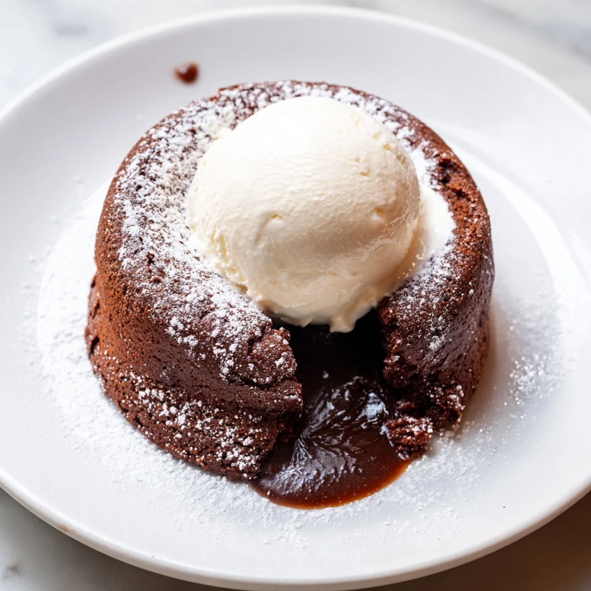 Warm Chocolate Lava Cakes with Vanilla Ice Cream served on a plate, dusted with cocoa powder and melting slightly.
