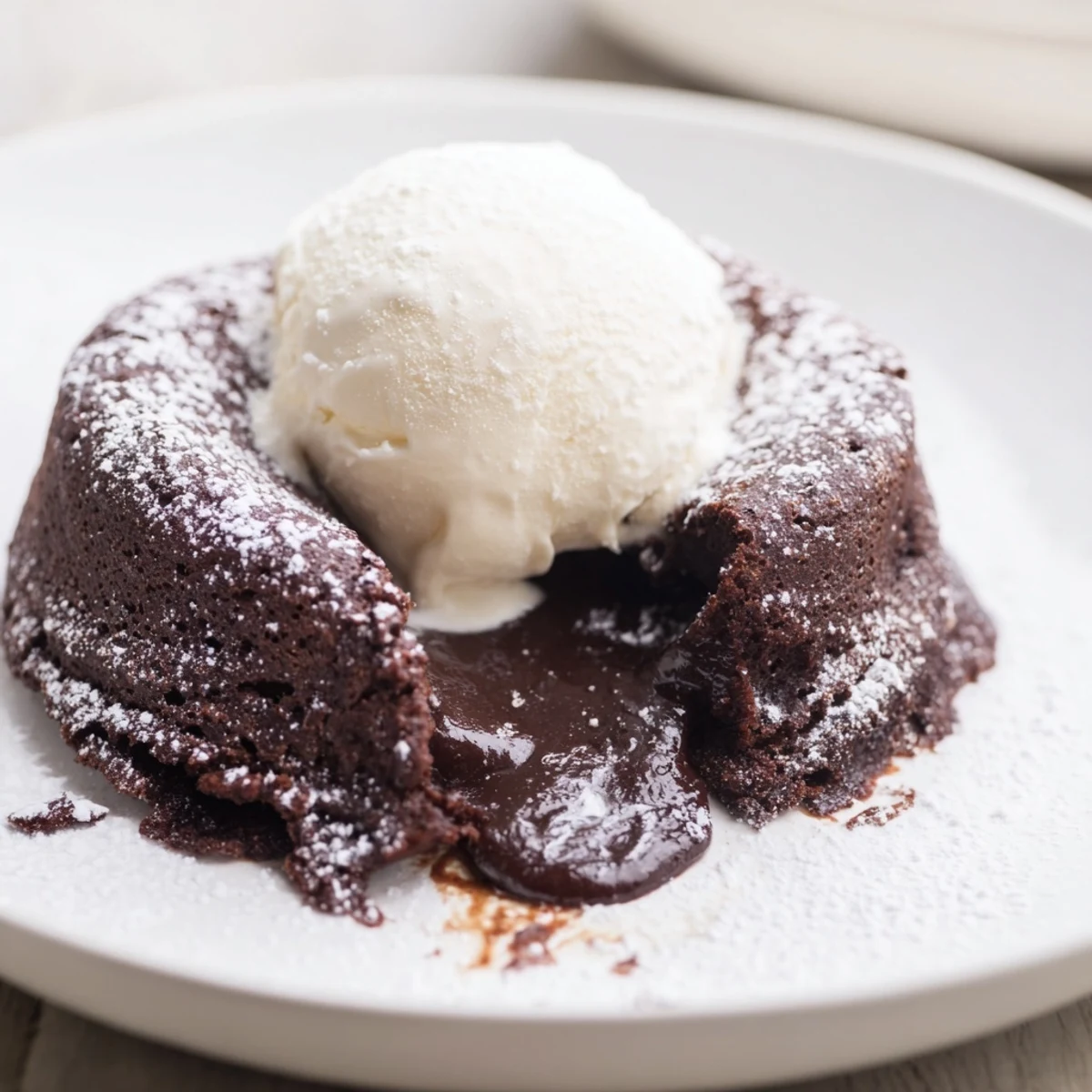A close-up of Chocolate Lava Cakes with Vanilla Ice Cream showing a gooey molten chocolate center and creamy scoop.