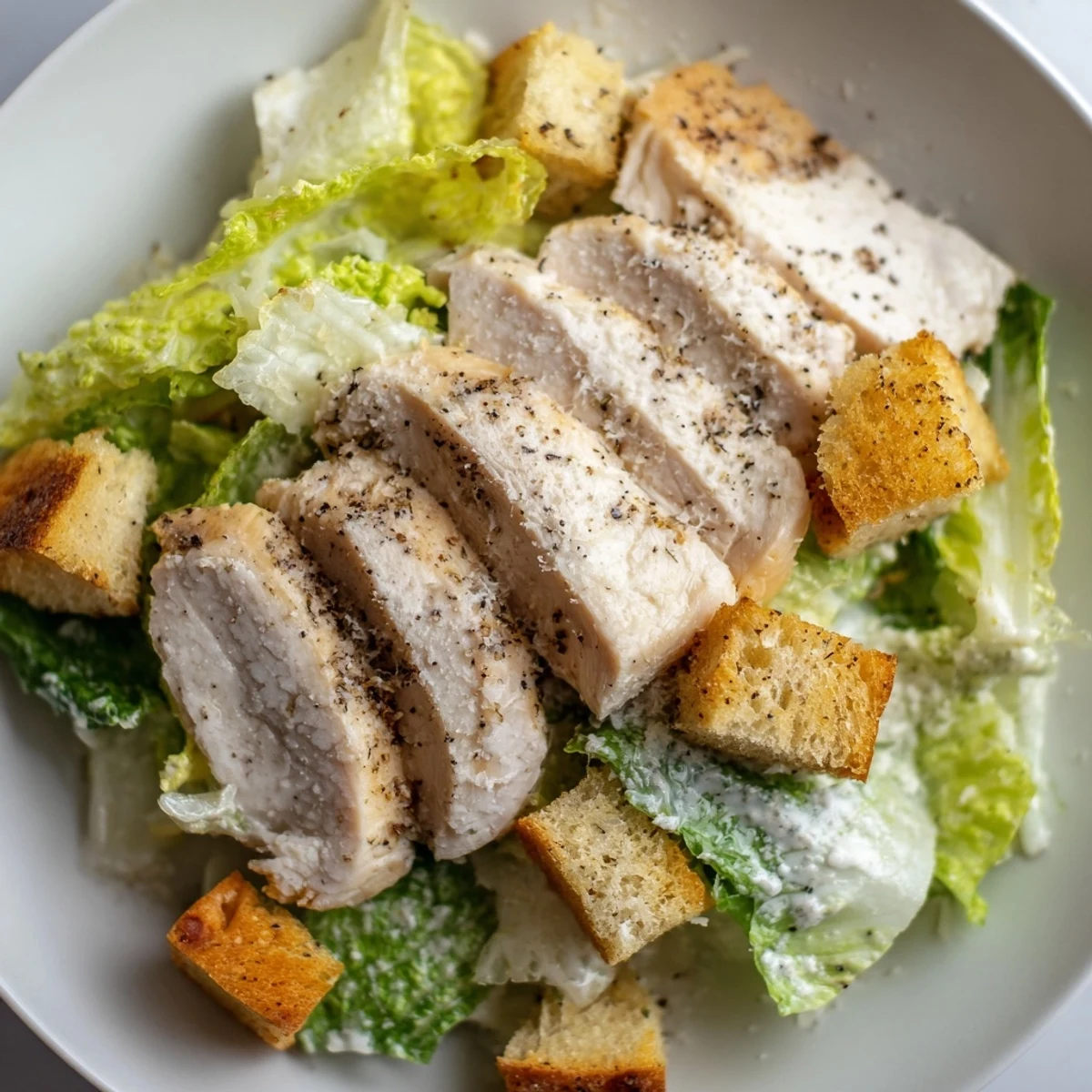 Freshly baked golden croutons and shaved Parmesan garnish this classic Chicken Caesar Salad with Homemade Croutons, perfect for a quick lunch.