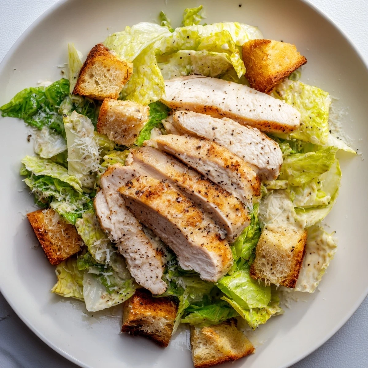 Juicy grilled chicken tops crisp romaine lettuce in this Chicken Caesar Salad with Homemade Croutons, drizzled with creamy dressing.
