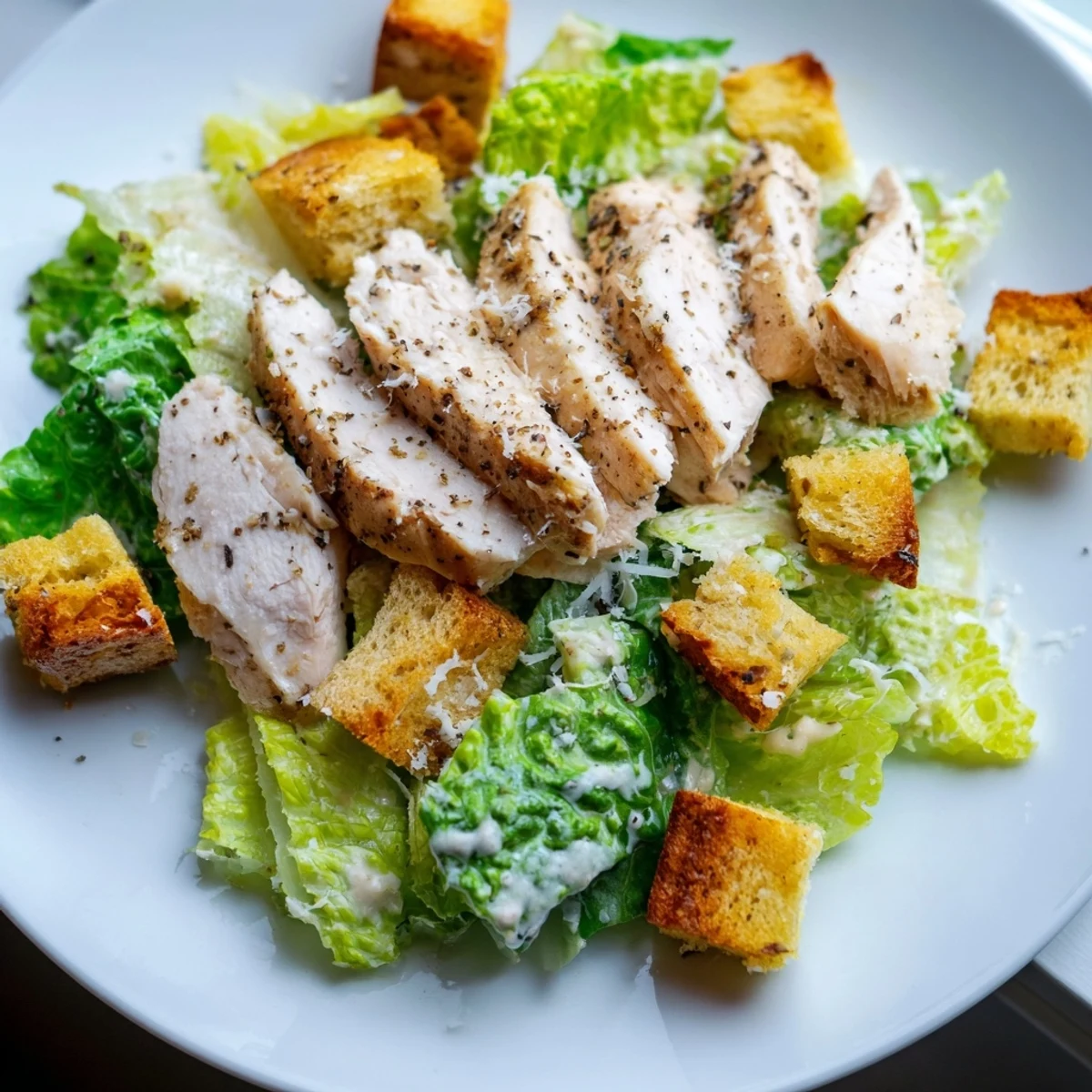 Sliced grilled chicken breast on crunchy romaine with bright dressing and crispy croutons in this Chicken Caesar Salad with Homemade Croutons.