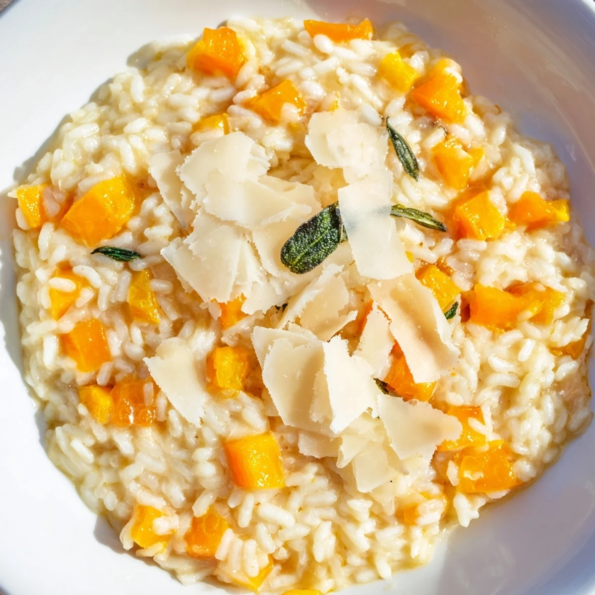 A close-up of creamy Winter Squash Risotto with Sage and Parmesan topped with a sage leaf and grated cheese. The dish is served in a rustic white bowl, perfect for a cozy dinner.