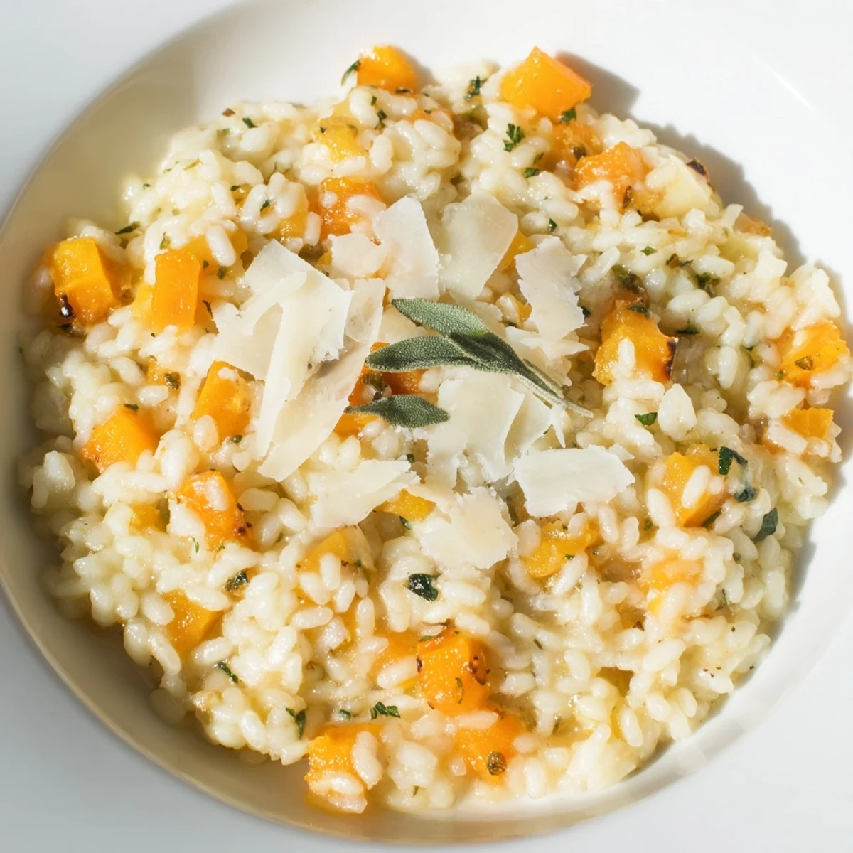 Steaming bowl of homemade Winter Squash Risotto with Sage and Parmesan, garnished with fresh sage and a drizzle of olive oil, sitting on a warm wooden table.