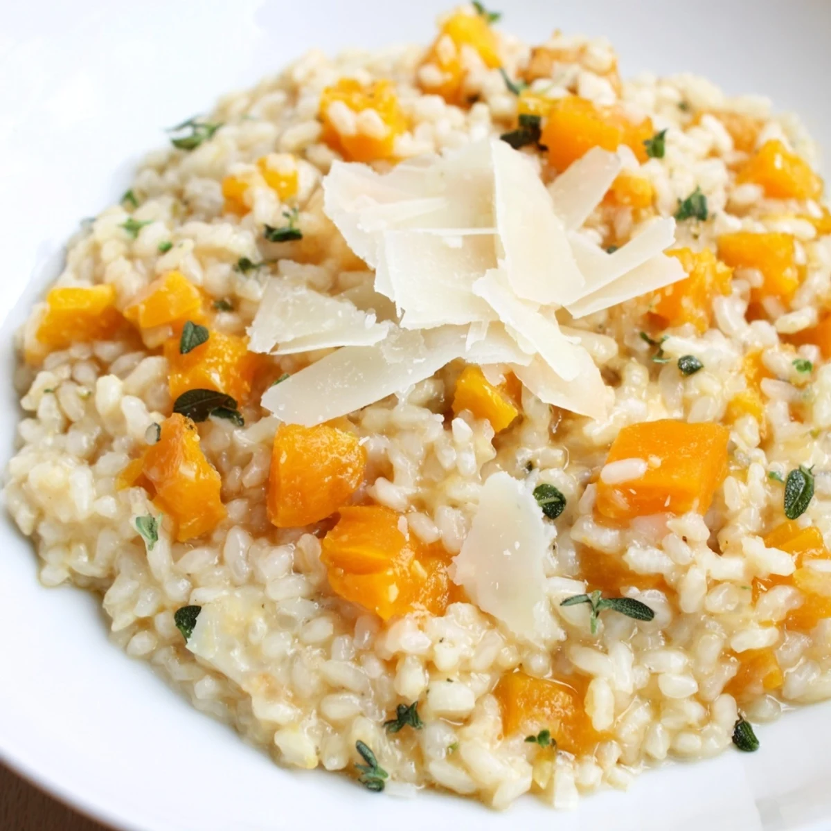 Delicious Italian-style Winter Squash Risotto with Sage and Parmesan, showing creamy texture and tender squash cubes, ready to serve as a vegetarian main dish.