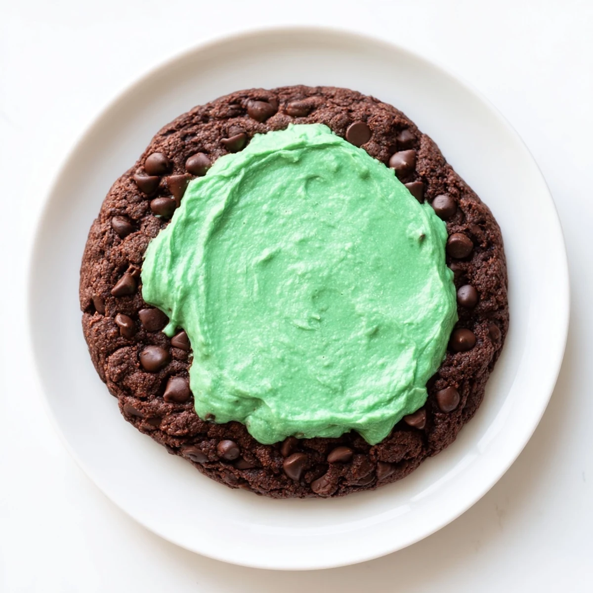 A batch of Chocolate Mint Cookies with Green Frosting arranged on a white platter, garnished with crushed mint candies.