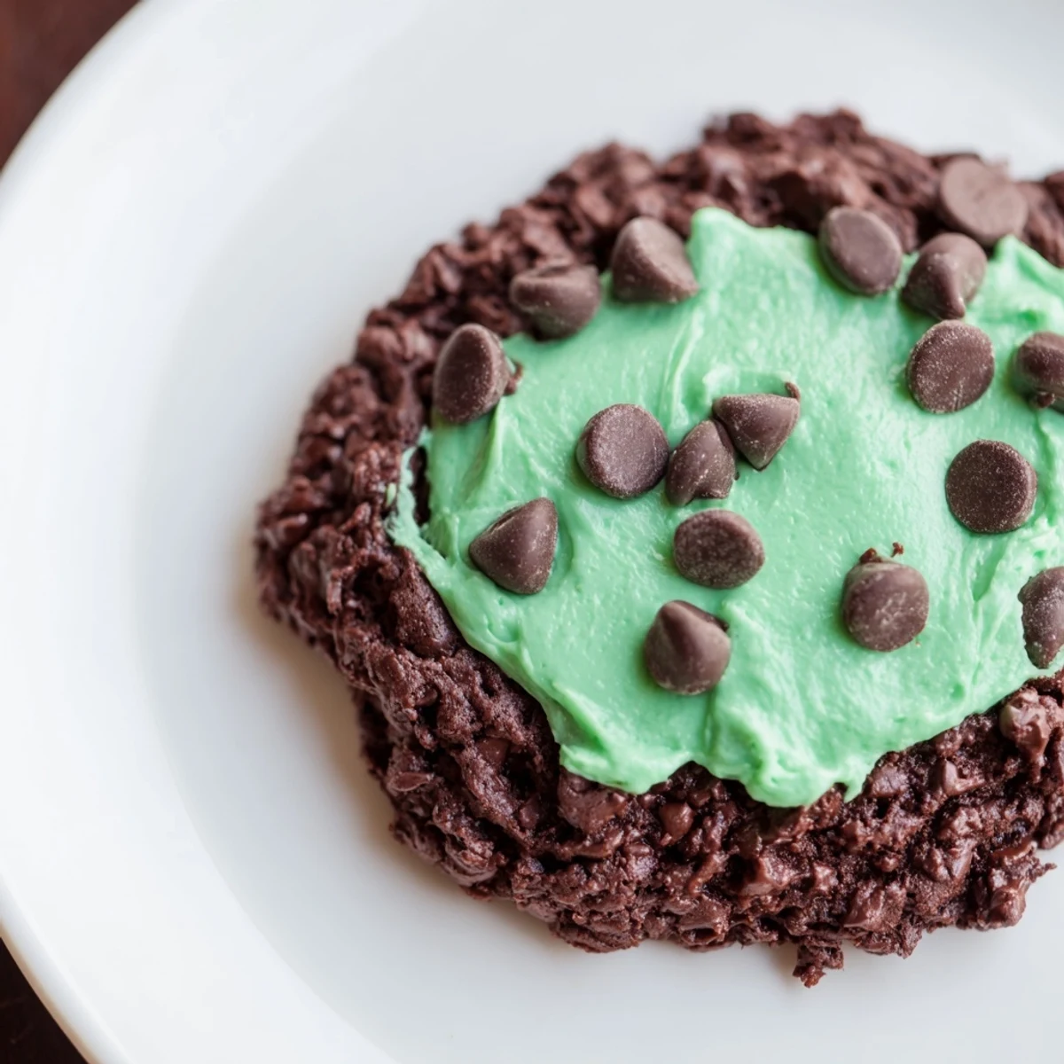 Close-up of Chocolate Mint Cookies with Green Frosting stacked on a wire rack, showing soft centers and chewy edges.