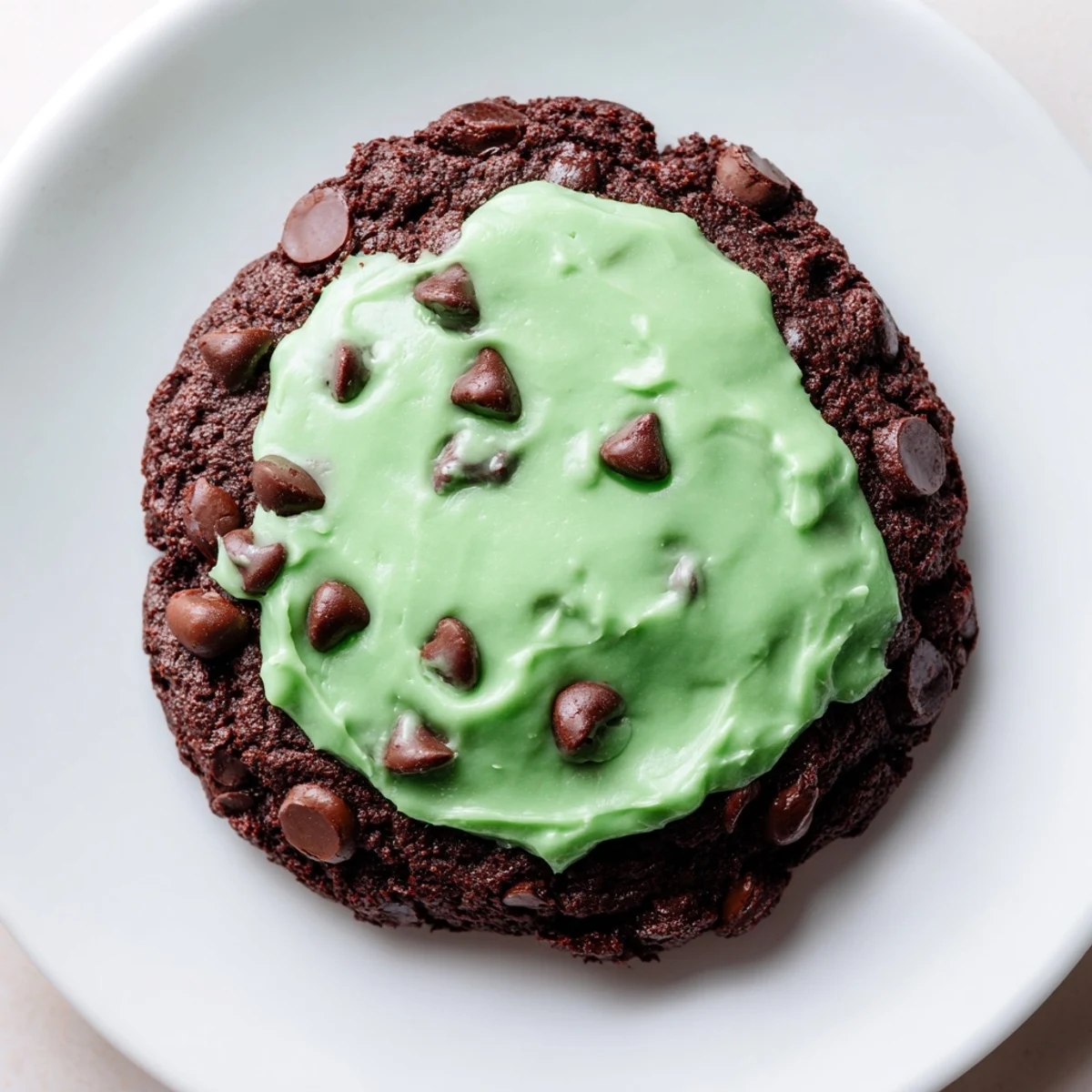 Chocolate Mint Cookies with Green Frosting served on a wooden board with a tall glass of cold milk.