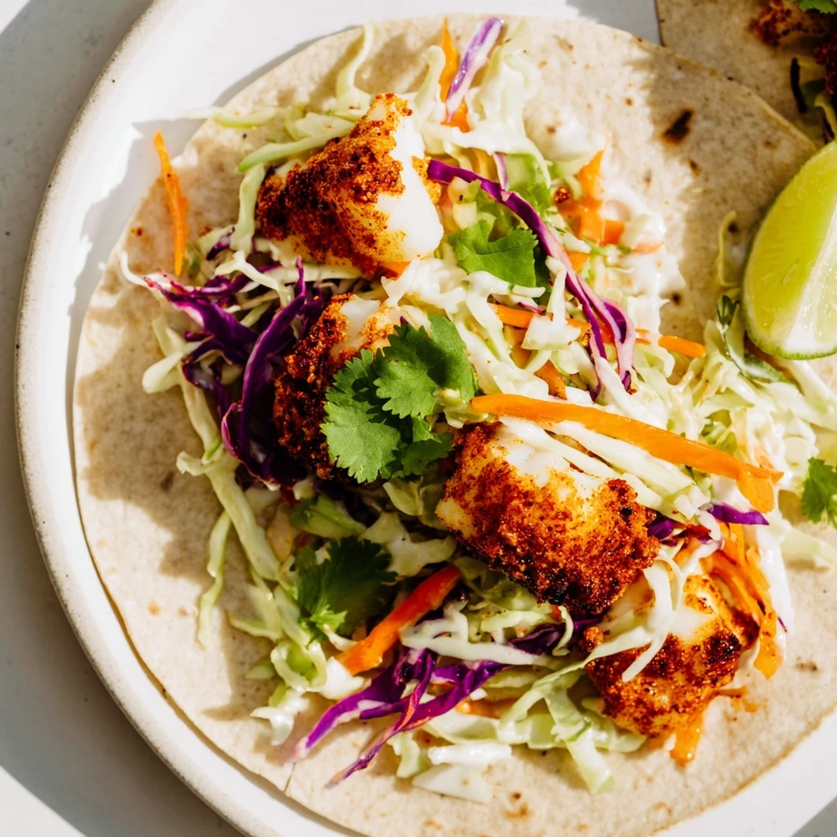 Golden-brown Cajun Spiced Fish Tacos with Slaw stacked on a plate with creamy sauce drizzled over flaky fish and crisp veggies.
