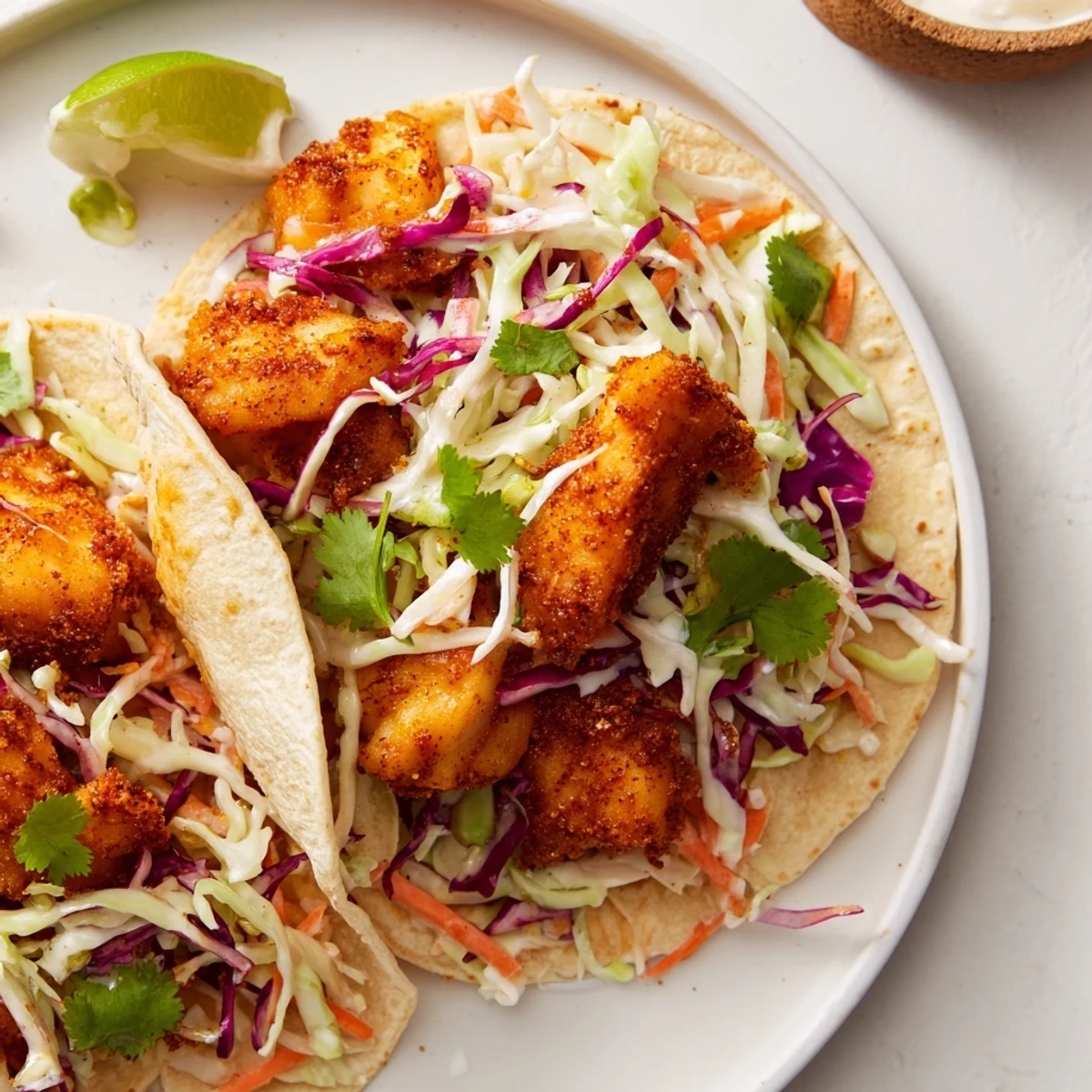 A close-up of Cajun Spiced Fish Tacos with Slaw showing flaky fish, tangy slaw, and optional avocado slices on a rustic table.