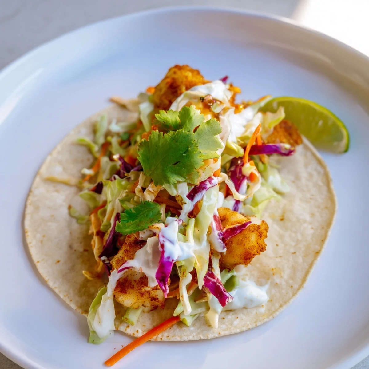 Cajun Spiced Fish Tacos with Slaw served warm in soft tortillas, garnished with lime wedges and fresh cilantro for a vibrant meal.