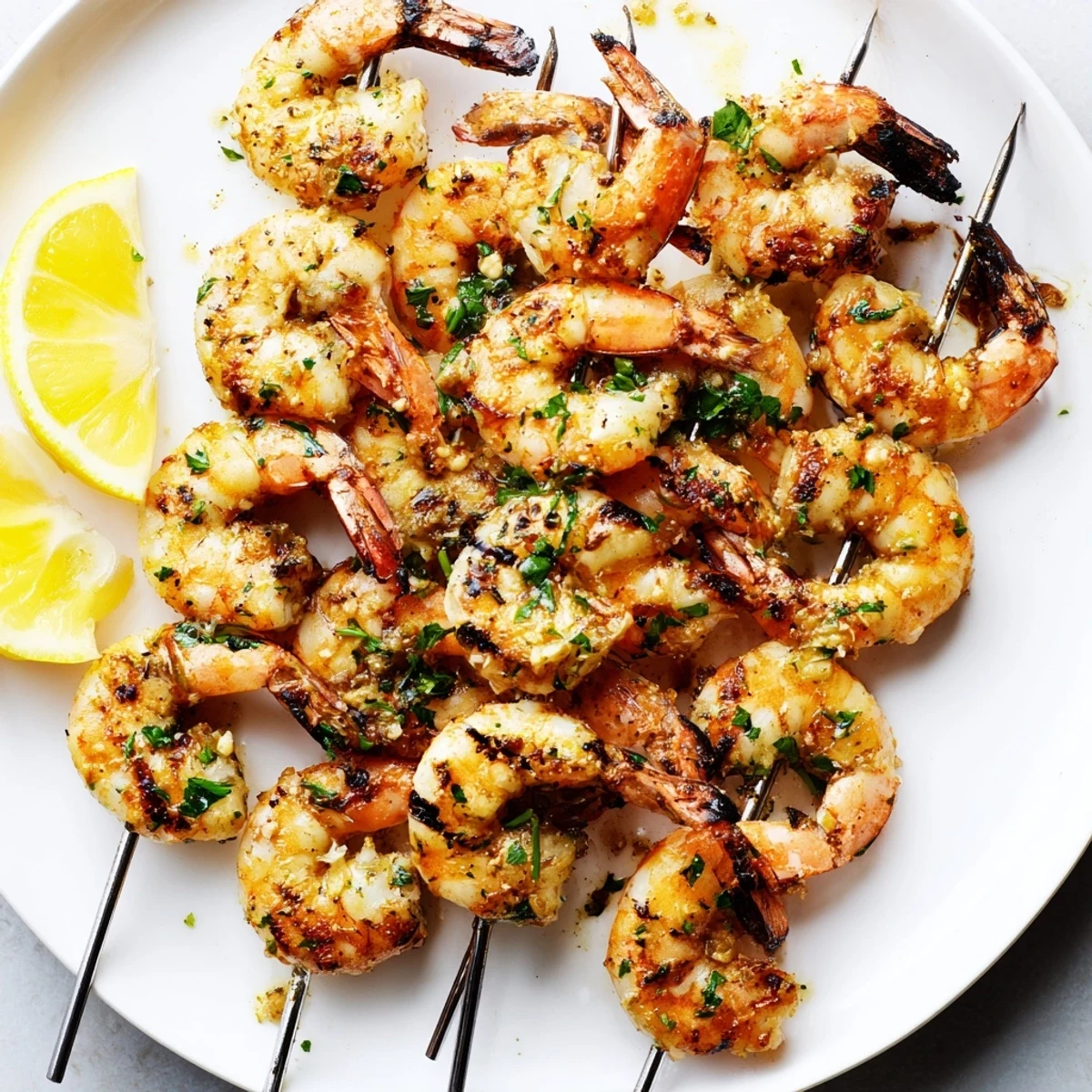 Grilled Lemon Garlic Shrimp Skewers glistening with olive oil and char marks on a platter with fresh parsley.