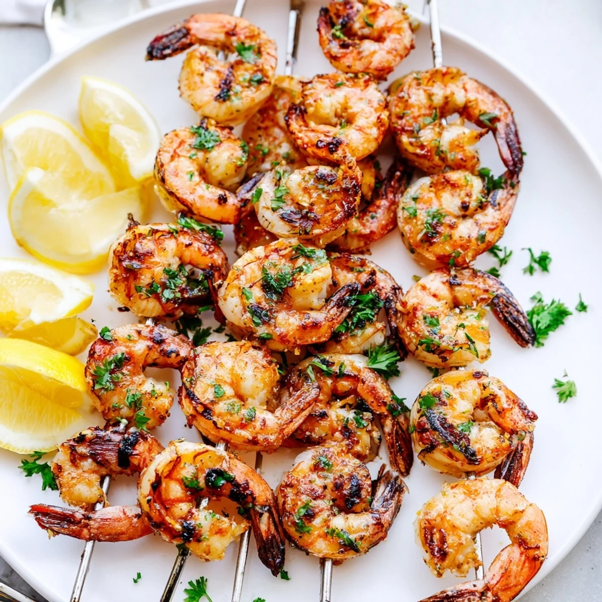 Freshly grilled Lemon Garlic Shrimp Skewers served on a bed of rice with lemon wedges for squeezing.
