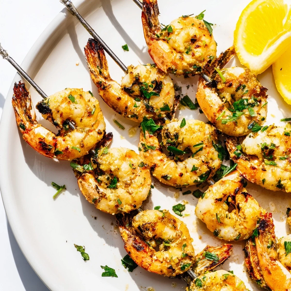 Close-up of Lemon Garlic Shrimp Skewers revealing juicy, plump shrimp with zesty lemon and garlic marinade.