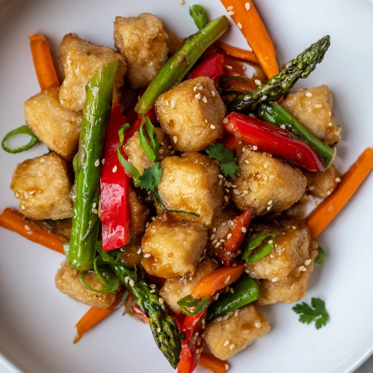 Golden crispy tofu cubes and vibrant spring vegetables in a glossy sauce for a healthy Spring Vegetable Stir Fry with Tofu.