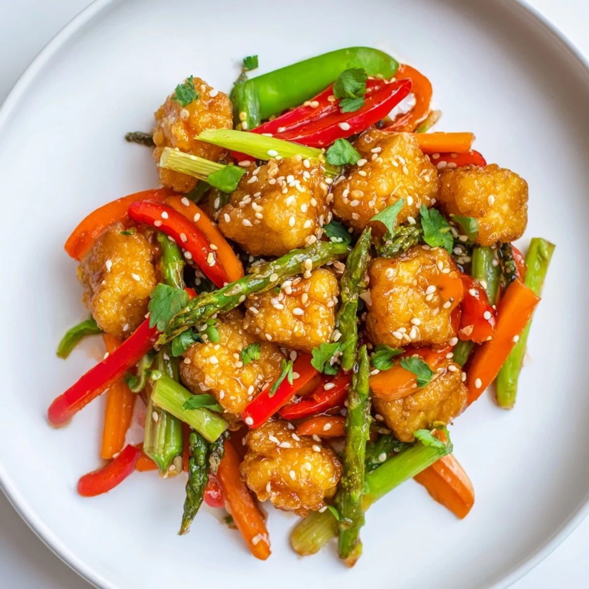 A close-up of Spring Vegetable Stir Fry with Tofu featuring snap peas, asparagus, and red bell pepper on steamed rice.