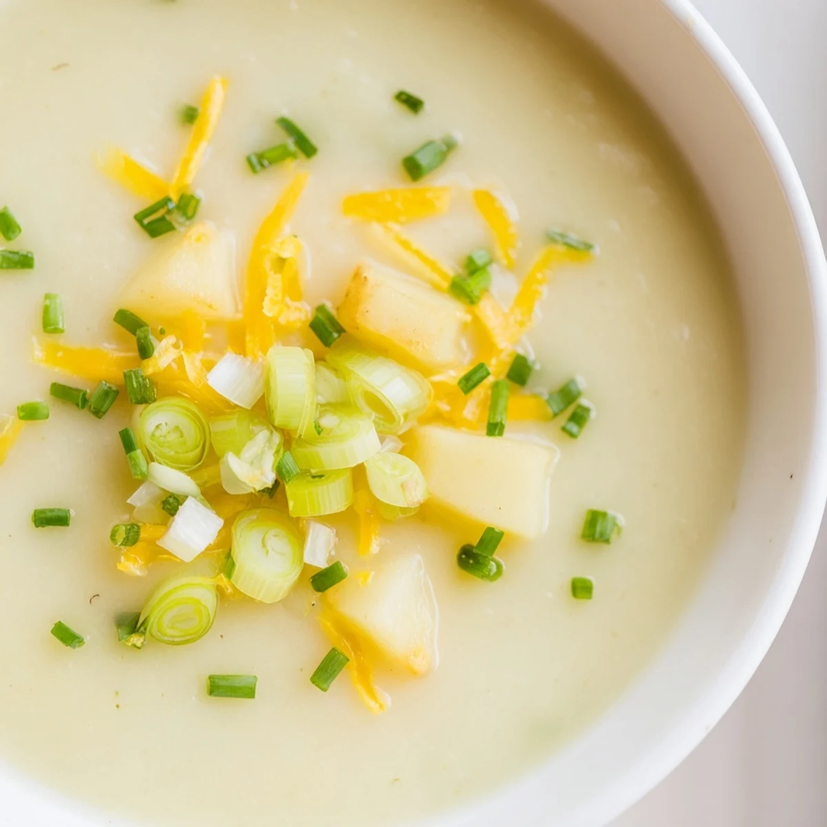 Creamy Irish Potato Leek Soup with Cheddar steams in a rustic bowl, topped with fresh chives and extra cheese.