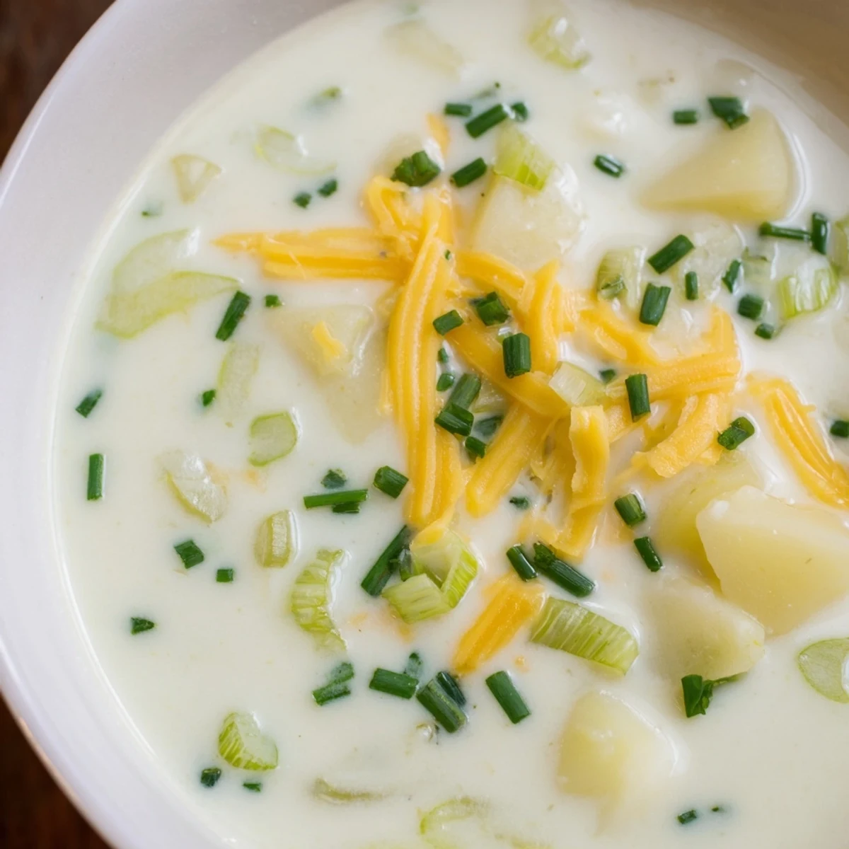 A spoon dips into rich Irish Potato Leek Soup with Cheddar beside crusty brown bread on a cozy linen napkin.