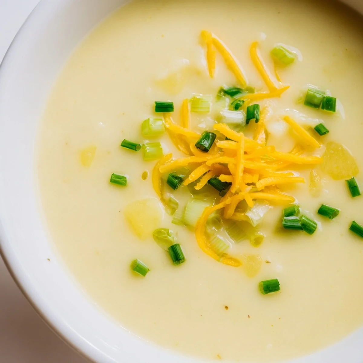 Vibrant green chives and melted Irish cheddar garnish a bowl of Irish Potato Leek Soup with Cheddar for chilly days.
