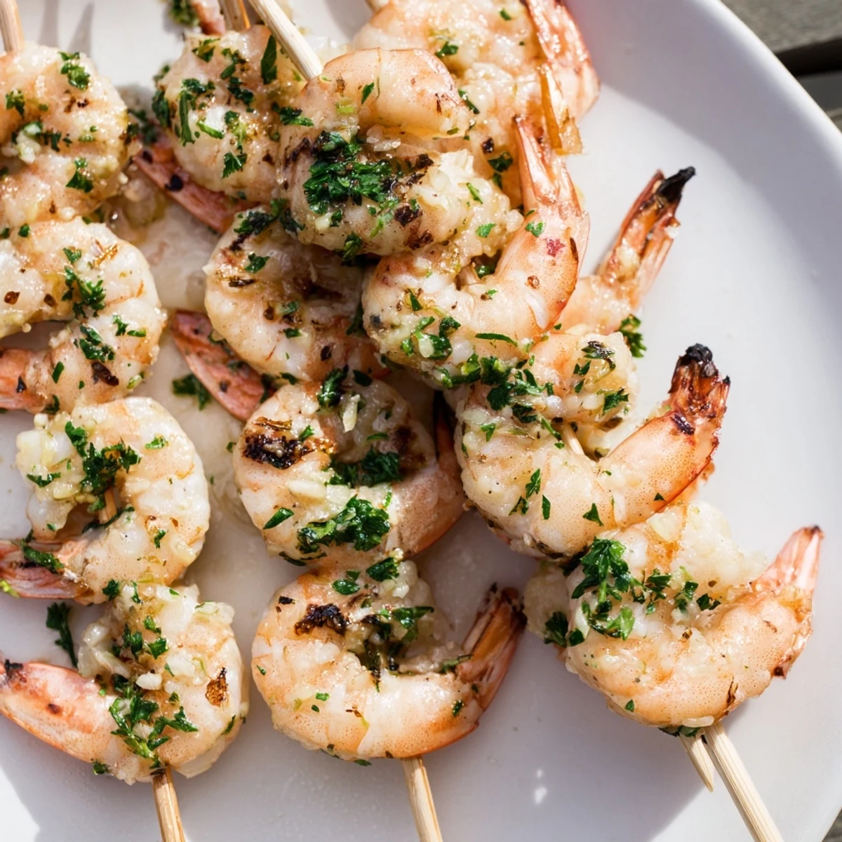Grilled Lemon Garlic Shrimp Skewers with Parsley served hot off the grill with char marks and fresh green herbs.